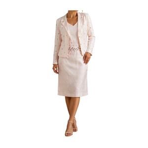 Vintage Silk Linen Pink Floral Embroidered Garden Party Dress Blazer Set Size 12